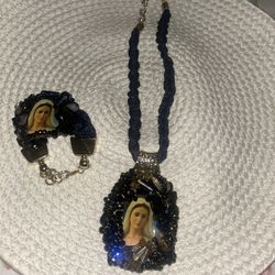 Mother Of Mary Pendant Necklace & Bracelet Set 