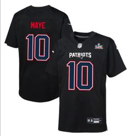 Youth Nike Drake Maye Black New England Patriots Super Bowl LX Patch Size L