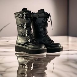 Dolls Kill Demonia Emily-322 Platform Lace Up Boots Sz 6M Black Bats Goth NIB