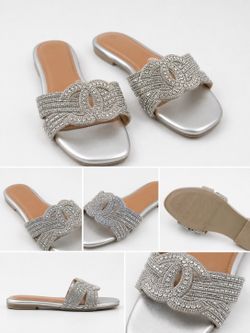 Women’s Silver Rhinestone Flat Slide Sandals – Elegant & Sparkly – Size 36,37,38,39