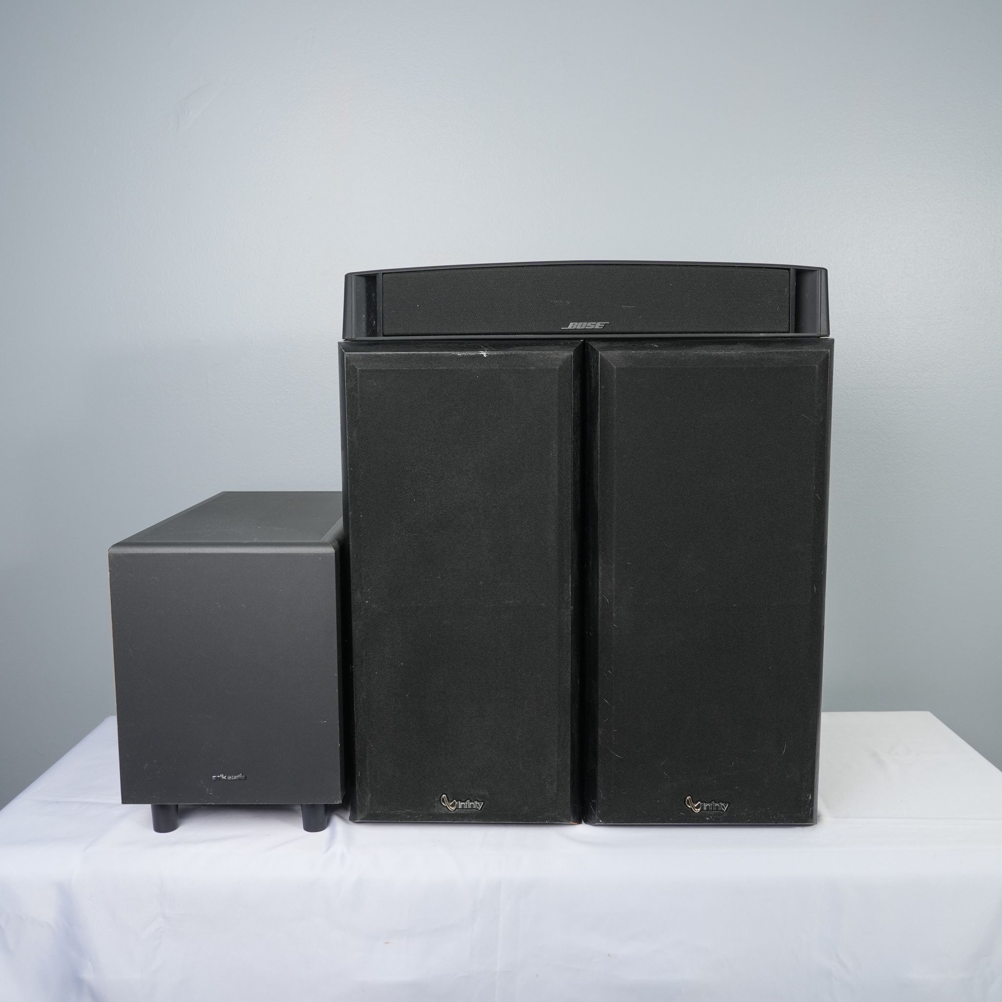 Bose VCS-10, Polk Audio PSW 120, and Infinity Speaker set