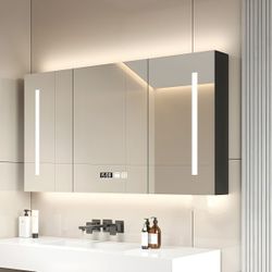 60"x26" Smart Medicine Cabinet w/ LED Light Mirror, Time Temp Display w/ Storage Black Solid Wood 
