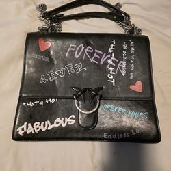 Pinko  Italy Forever Fabulous Black Leather Chain Strap Crossbody Bag