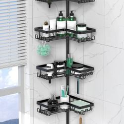Corner Shower Caddy Tension Pole - 4 Tier Stainless Steel Rustproof Shower Corner Caddy for Bathtub Bathroom Shower Organizer Shelves Adjustable Pole 