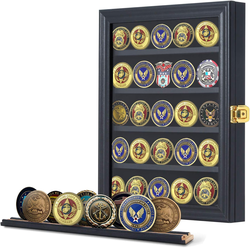 Jinchuan Military Challenge Coin Display Case Lockable Cabinet Rack Holder Shadow Box with Removable 2 Grooves Shelves and Anti Dust Door for Casino P