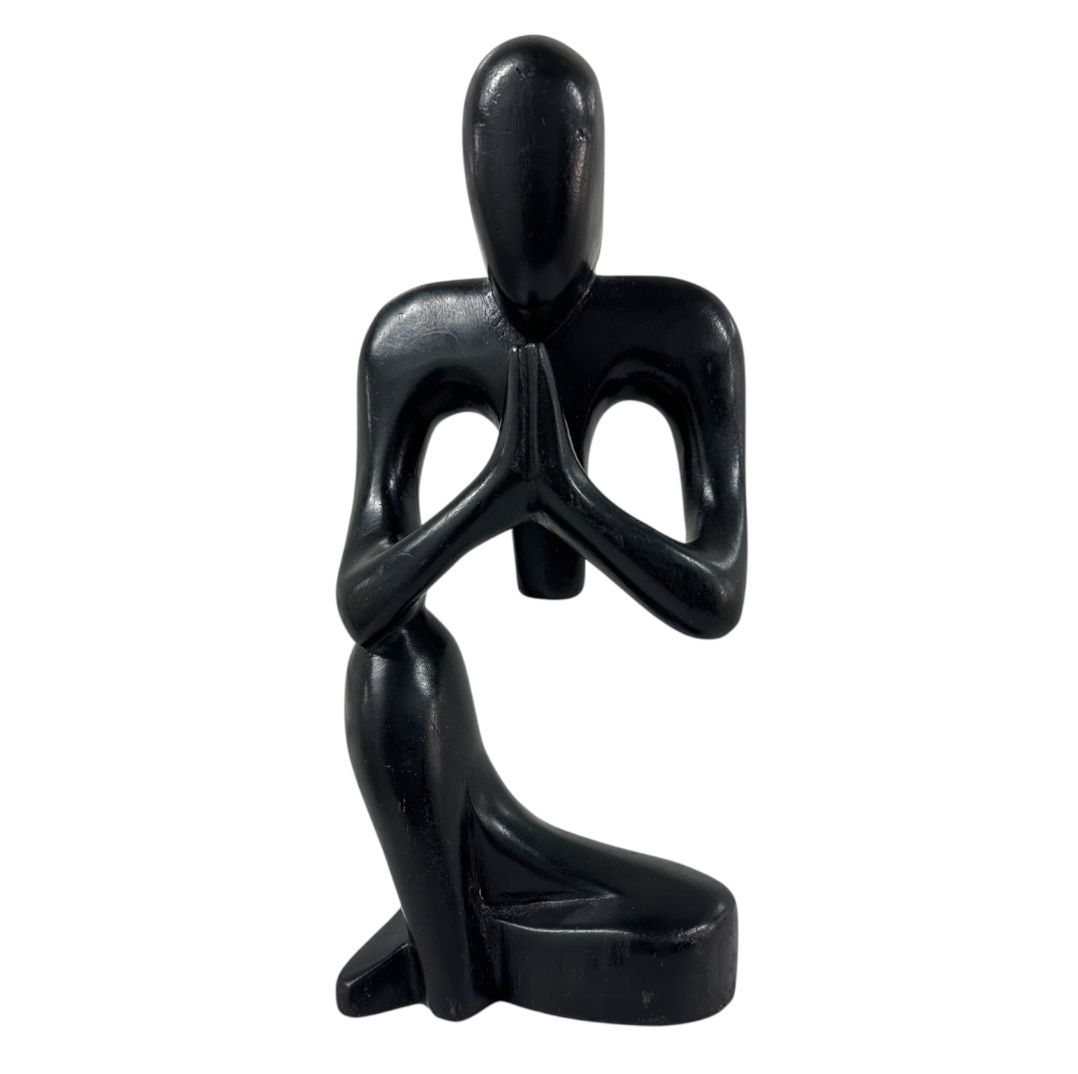 Abstract Minimalist Black Wood Carved Praying Figure Meditation Yoga Zen Decor