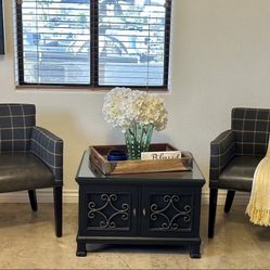 Antique Table with storage and Two Checkered Chairs