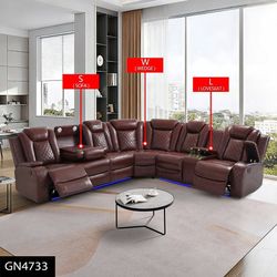3 Pieces red breathing leather power recliner sectional sofa