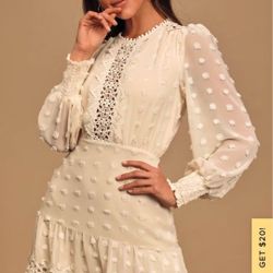 Lulus Lust or Love Cream Embroidered Lace Long Sleeve Dress Women's Size LARGE