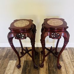 Vintage Chinese Carved Hardwood Plant Stand with Pink Marble Inset 