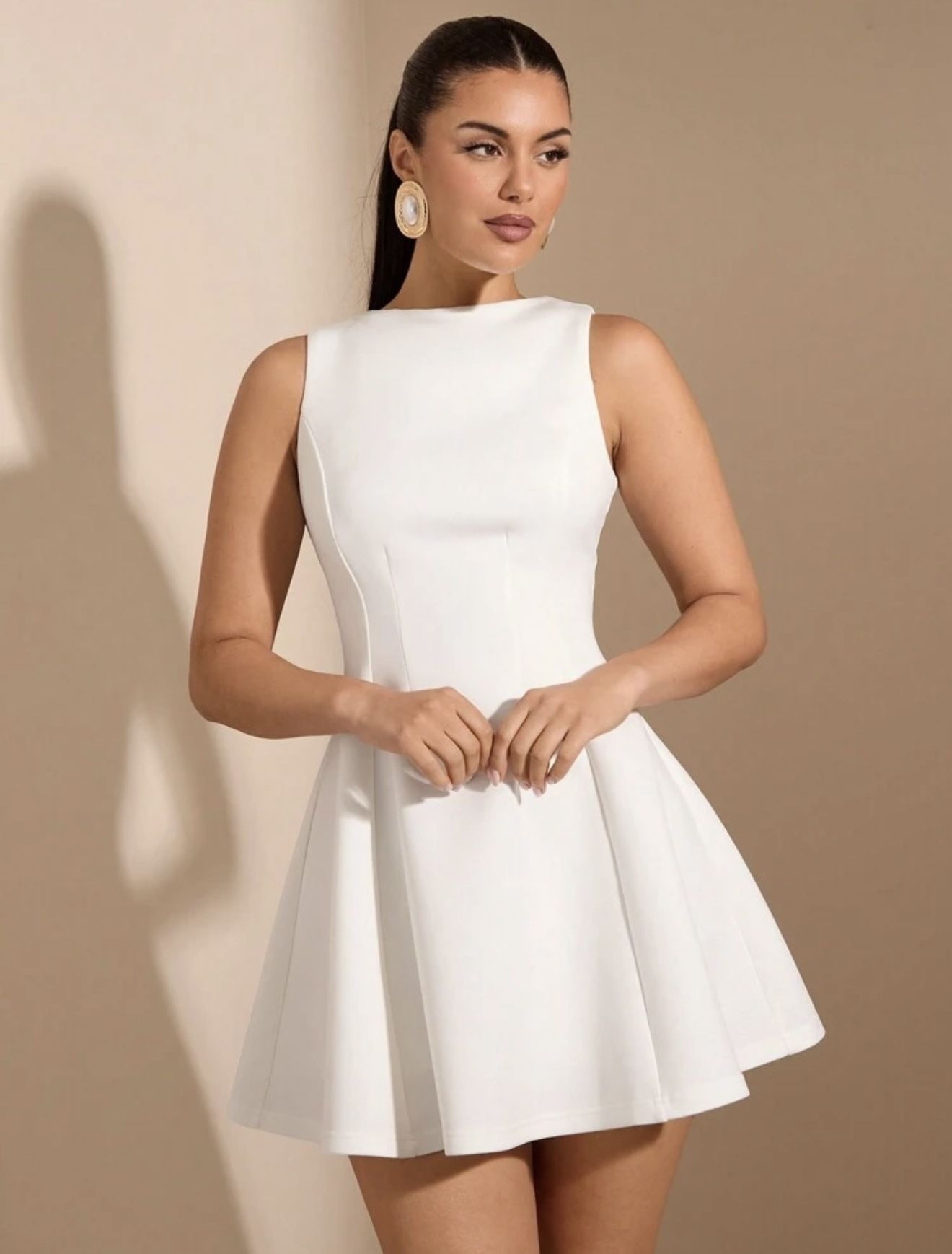 Women's Solid Color Date Night A-Line Sleeveless Waist Fitted Elegant Dress, Autumn, Summer Dresses For Women, Tea Party Dress, White Graduation Dress