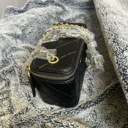 Black Leather Box Bag With Gold Chain 