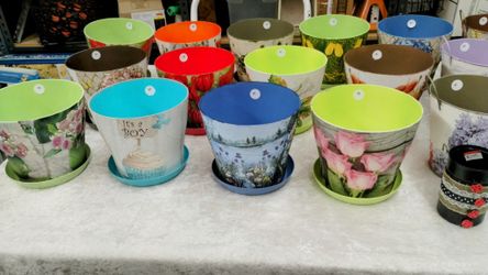 Variety of Colorful Handmade Planters With Saucers