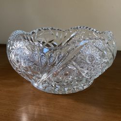 Vintage Heavy Cut Glass Bowl, Scalloped Sawtooth Rim