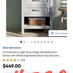 Style Selections Cromlee 24-in Light Gray Single Sink Bathroom Vanity with White Engineered Stone Top (Faucet