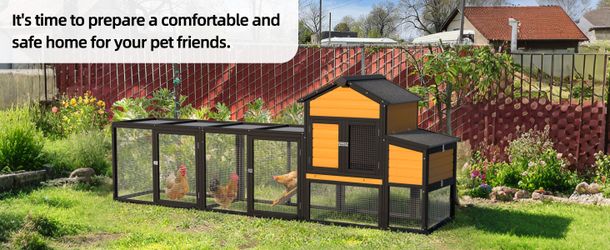 119.5＂Outdoor Wooden Chicken Coop with Run, 7 Doors, Pull-Out Tray, Nesting Box & Ramp – Backyard Poultry House for 2 – 4 Chickens, Expandable Design