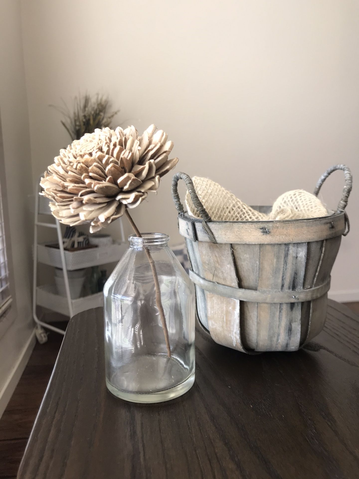 Basket with Wooden Flower & Glass Vase