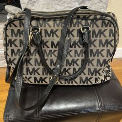 Michael Kors Beige Black Logo Satchel Bag Gold-Tone Hardware Charm Top Handle