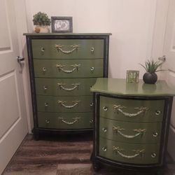 green dresser and nightstand