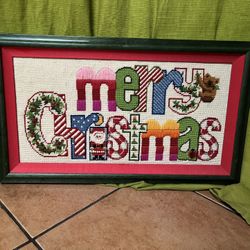 Vintage Christmas Crewel Work Framed Art 