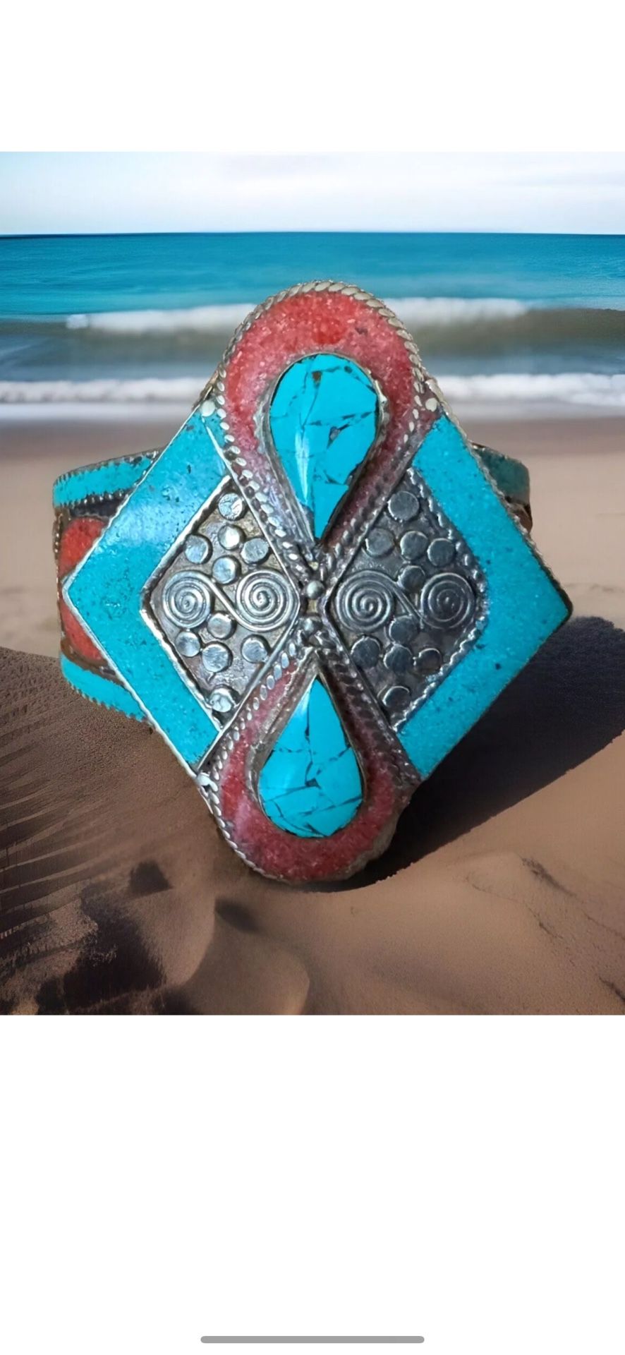 Gorgeous & handcrafted Cuff bangle Turquoise & coral set in Tibetan silver 185grams.