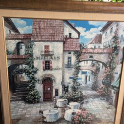 1930’s French Hand Oil Painted Picture Of A French Little Town 