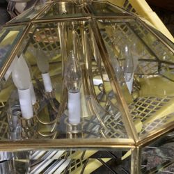 vintage Caesar-style brass and glass 8-bulb chandelier