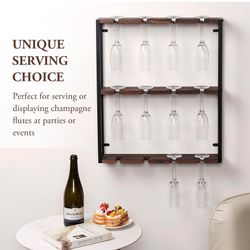 3 Tier Wine Glass Holder, Wall Mounted Rustic Burnt Solid Wood and Industrial Matte Black Metal Hanging Stemware Storage Display Rack with 12 Slots