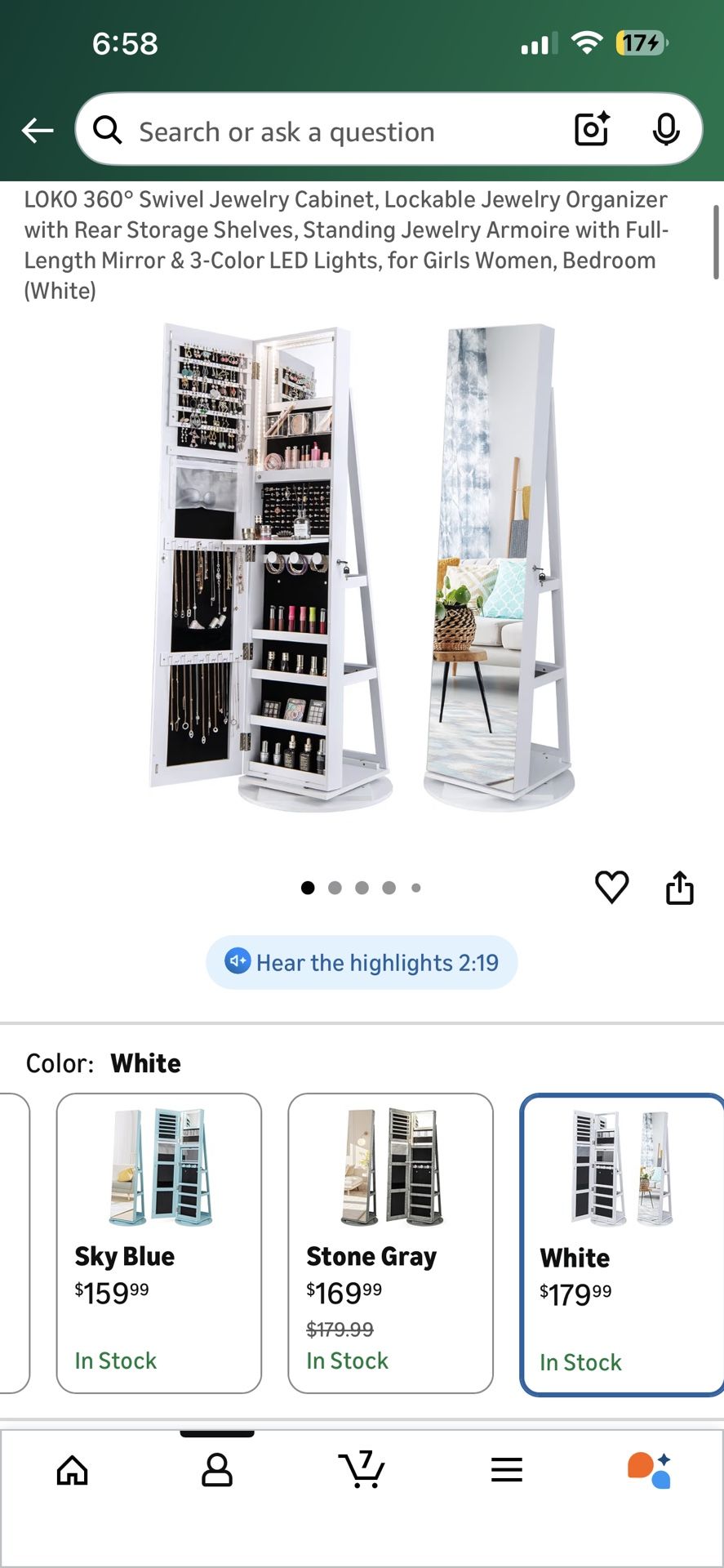 360° Swivel Jewelry Cabinet, Lockable Jewelry Organizer with Rear Storage Shelves, Standing Jewelry Armoire with Full-Length Mirror & 3-Color LED Ligh
