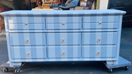 Blue Striped Dresser has been restored and entirely hand painted