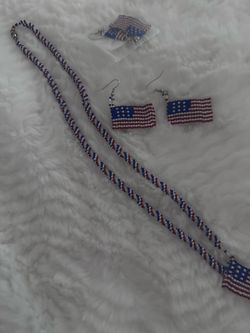 Handcrafted American Flag Necklace And Earring Set