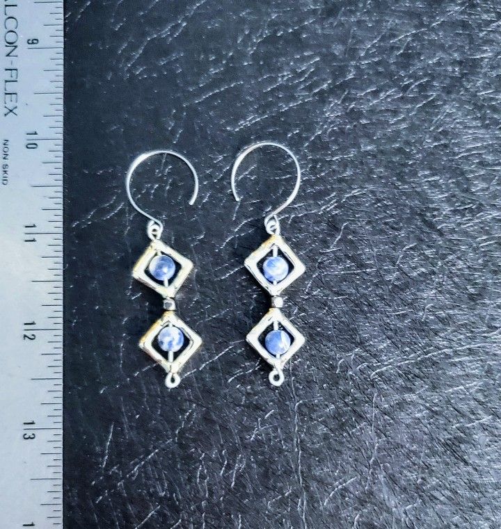 Marble Blue Beads, Silver Fish Hook Style Approx 2 1/2” long