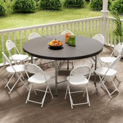 Gray Frame Black Plastic Tabletop Round Foldable Outdoor Dining Table (Dia. 5 ft.