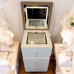 Liftable Makeup Table with 180° Rotating Desktop, Compact Pine Dressing Table Set with 3 Color Makeup Mirror, 3 in 1 Small Makeup Vanity Save Space fo