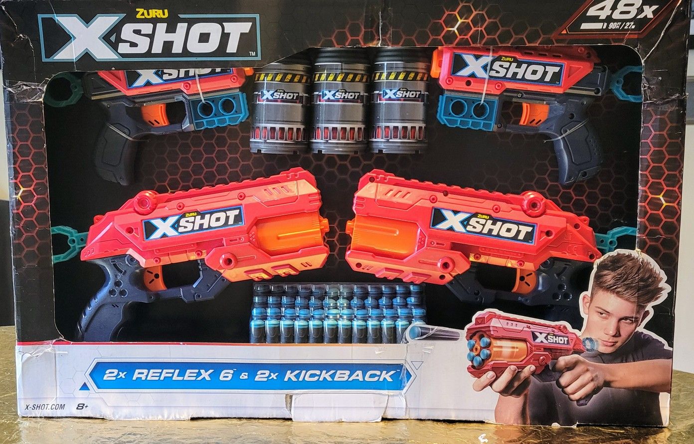 Zuru X-Shot 4 Gun Bundle - 2x Reflex 6 & 2x Kickback with 48 Foam Darts NEW