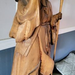 ANTIQUE 19c.  IMMORTAL From CAMPHOR WOOD CARVED Ancient One w/  WALKING STICK STATUE SCULPTURE 