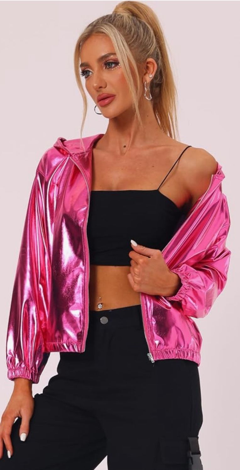 XL HOT PINK Holographic Party Shimmering Shiny Lightweight Zipper Hooded Metallic Jacket