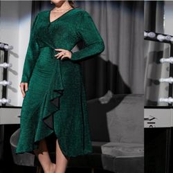 Dark Green Ruffle Trim Glitter Dress