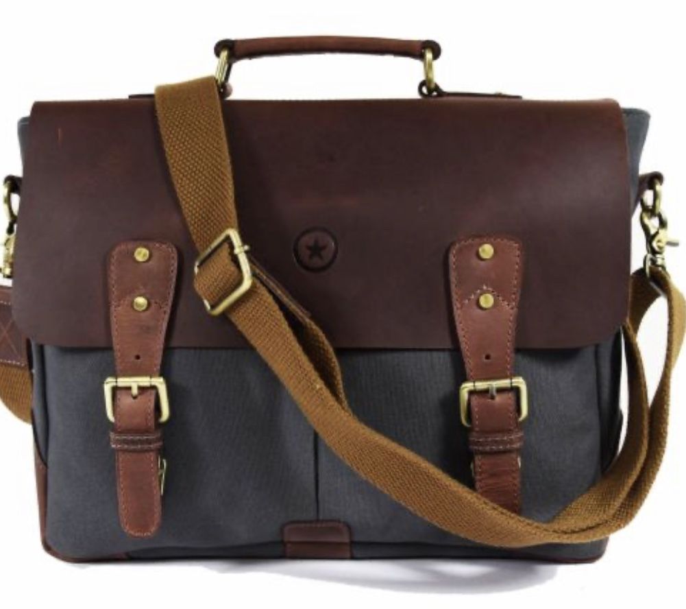 Prato Vintage Style Leather And Canvas Messenger Bag / Laptop Bag 