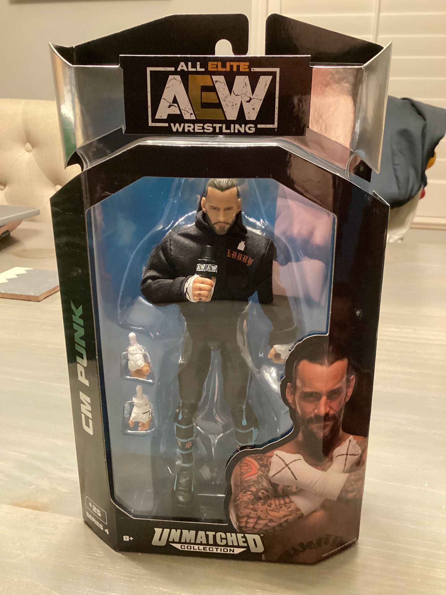 AEW CM PUNK WRESTLING FIGURE NEW IN BOX w “LARRY” JACKET ACCESSORY & MIC