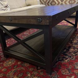 Carpenter Style Rustic Brown Finish Coffee Table And Side Table