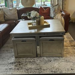 42” Square Coffee table With 4 Upholstered storage Stools