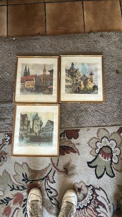 Set of 3 Vintage Signed Watercolor Prints – German Towns, Gold Gilt Frames