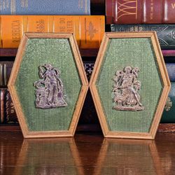W. King Ambler Brass Seasons Framed Plaques Pair Hexagonal Green Fabric 8x6 VTG