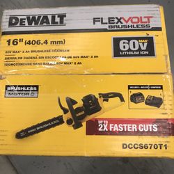 Brand new Dewalt 16 in 60V Max lithium Lon Cordless flex volt brushless chainsaw which (1) 2.0ah Battery and charger included