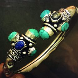 Turquoise Lapis Lazuli Stamped 925 Sterling Silver Cuff Bracelet 