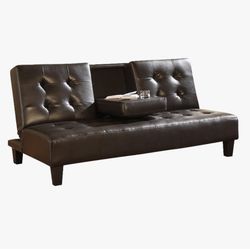 Modern Faux Leather Futon with Cup Holder in Espresso