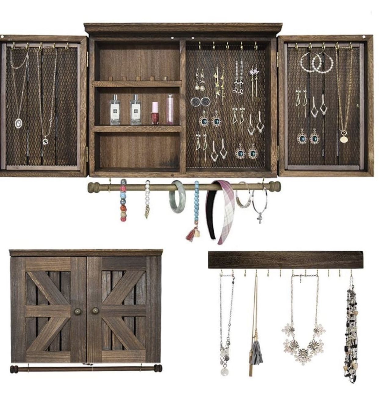 VICKERT Rustic Wall Mount Jewelry Organizers with Wooden Barndoor Decor.Wall Jewelry Organizer for Necklaces, Earings, Bracelets, Ring Holder, and Acc