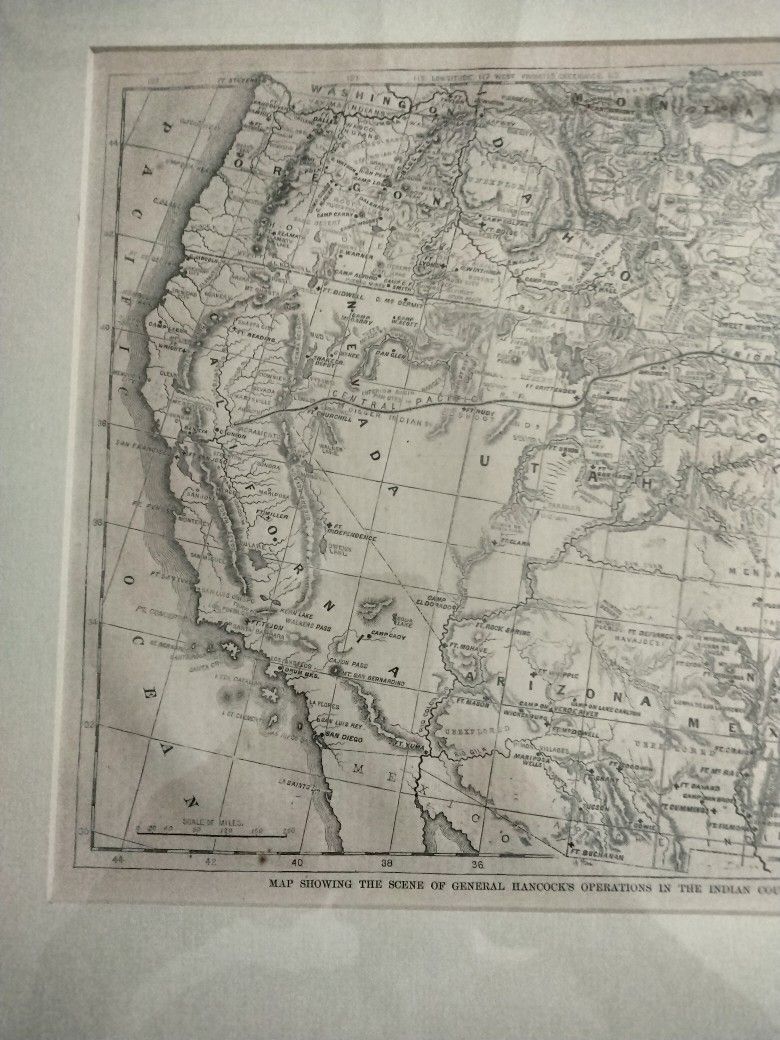 ANTIQUE MAP FROM 1884 HARPER'S WEEKLY ENGRAVING OF GEN. HANCOCK'S OCCUPATION OF INDIAN TERRITORIES IN THE UNITED STATES GENUINE ENGRAVING 140 YRS. OLD