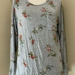 JUSTIFY Gray Polka Dot Floral Long Sleeve Stretch Tee T-Shirt Top Pocket size M